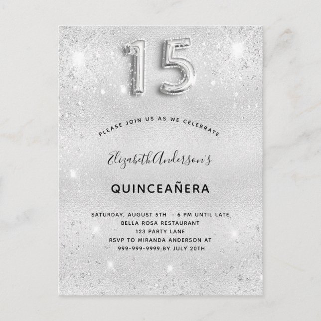 Quinceanera silver glitter glamous inbjudan vykort (Framsida)