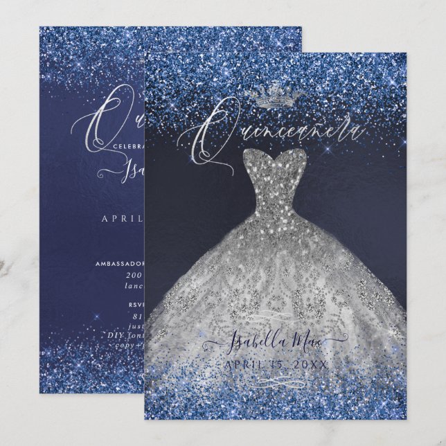 Quinceanera Silver Glitter Gown Inbjudningar (Fram/baksida)