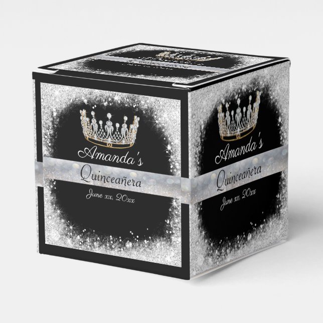 Quinceanera Silver Glitter Guld Krona Favoritlåda Presentaskar (Framsidan Sidan)