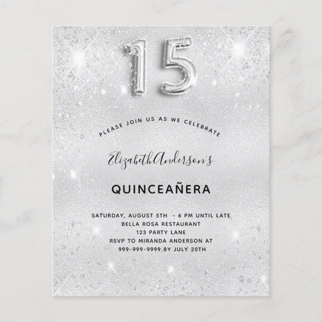 Quinceanera silver glitter inbjudan (Framsida)