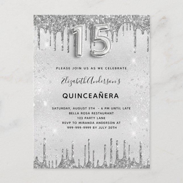 Quinceanera silver glitter inbjudan (Framsida)