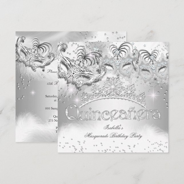 Quinceanera Silver Glitter Maskeradfest 2 Inbjudningar (Fram/baksida)