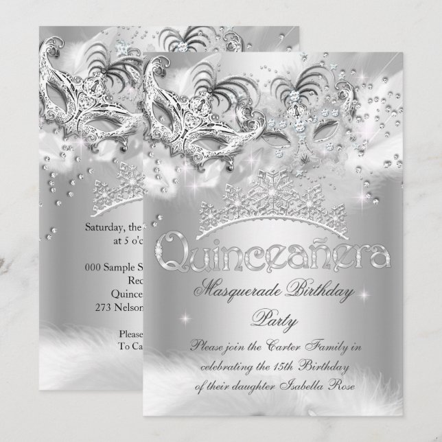 Quinceanera Silver Glitter Maskeradfest Inbjudningar (Fram/baksida)