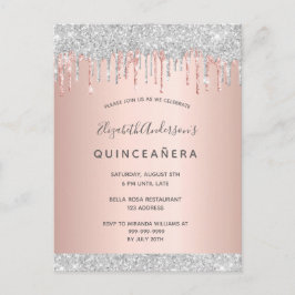 Quinceanera silver glitter rosa ros vykort