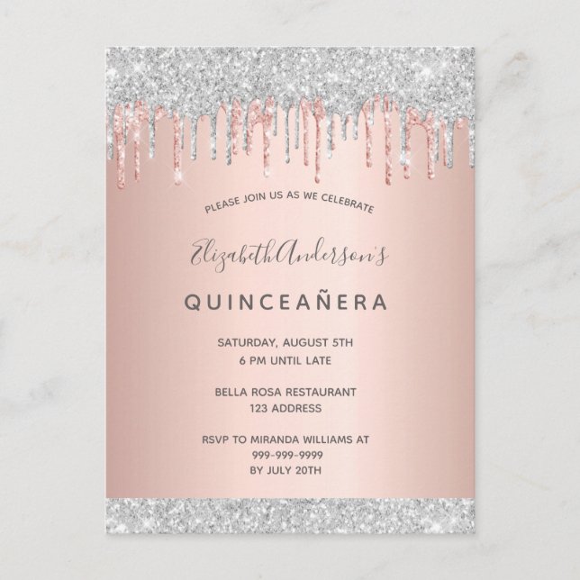 Quinceanera silver glitter rosa ros vykort (Framsida)