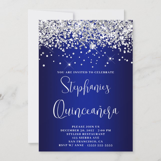 Quinceañera Silver Glitter Royal Blue Navy Ombre Inbjudningar (Framsida)