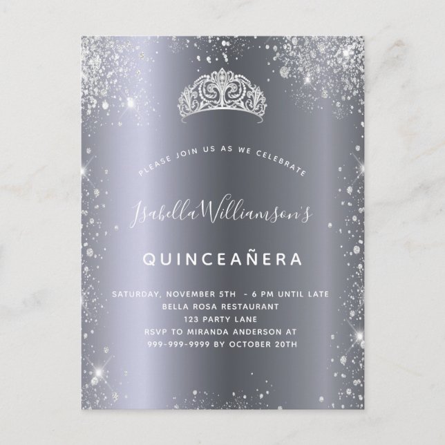 Quinceanera silver glitter stofttiara krona inbjudan vykort (Framsida)