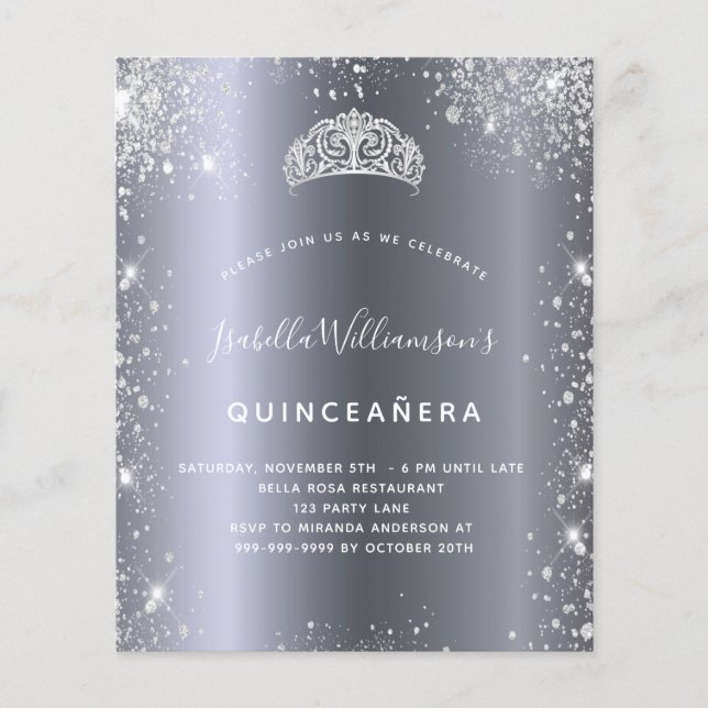 Quinceanera silver glitter tiara-inbjudan (Framsida)