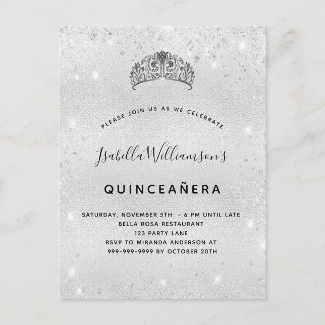 Quinceanera silver glitter tiara krona inbjudan vykort (Framsida)