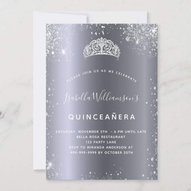 Quinceanera silver glitter tiara krona inbjudningar (Framsida)