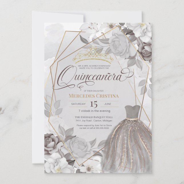 Quinceañera silver grått guld finare Tiara & gown Inbjudningar (Framsida)