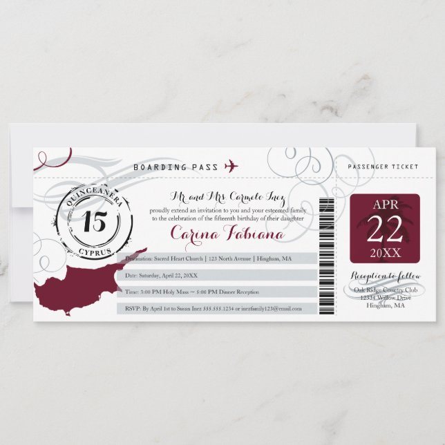Quinceanera Silver Grått och Burgundy CYPRUS Inbjudningar (Framsida)