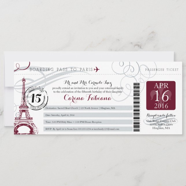 Quinceanera Silver Grått och Burgundy | Paris Inbjudningar (Framsida)