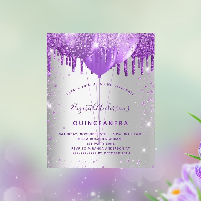 Quinceanera silver lila ballong inbjudan (Skapare uppladdad)