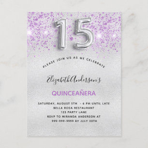 Quinceanera silver lila glitter droppar inbjudan vykort