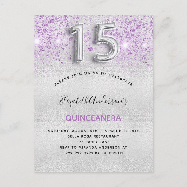 Quinceanera silver lila glitter droppar inbjudan vykort (Framsida)