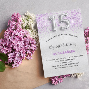 Quinceanera silver lila glitter inbjudningar
