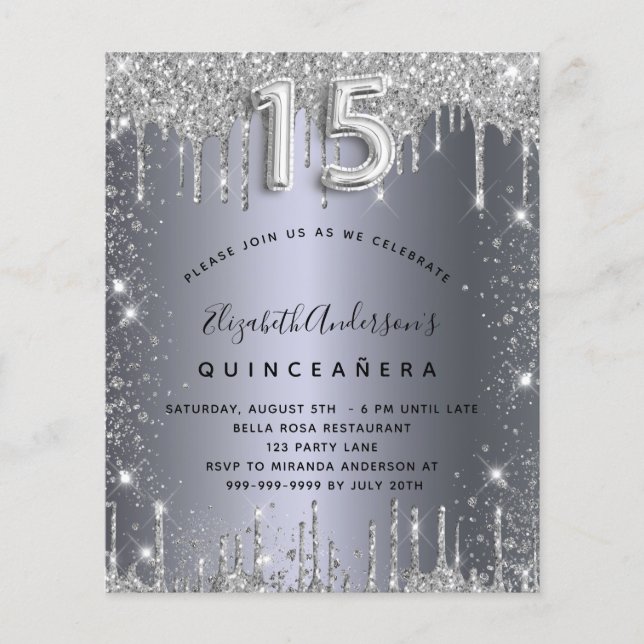 Quinceanera silver metallisk glitter budget inbjud flygblad (Framsidan)