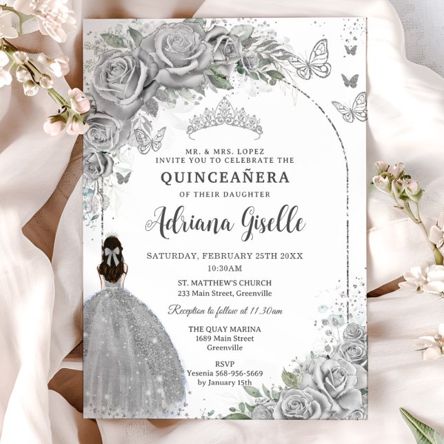 Quinceañera Silver Ro Blommigt Girl Dress P Inbjudningar (silver-floral-flowers-roses-butterflies-brunette-princess-silver-crown-dress-Quinceañera-invitation)
