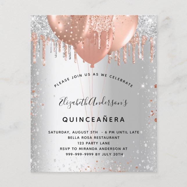 Quinceanera silver ro guld-ballonger flygblad (Framsidan)