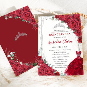 Quinceañera Silver Röd ros Blommigt Dress Gown Inbjudningar