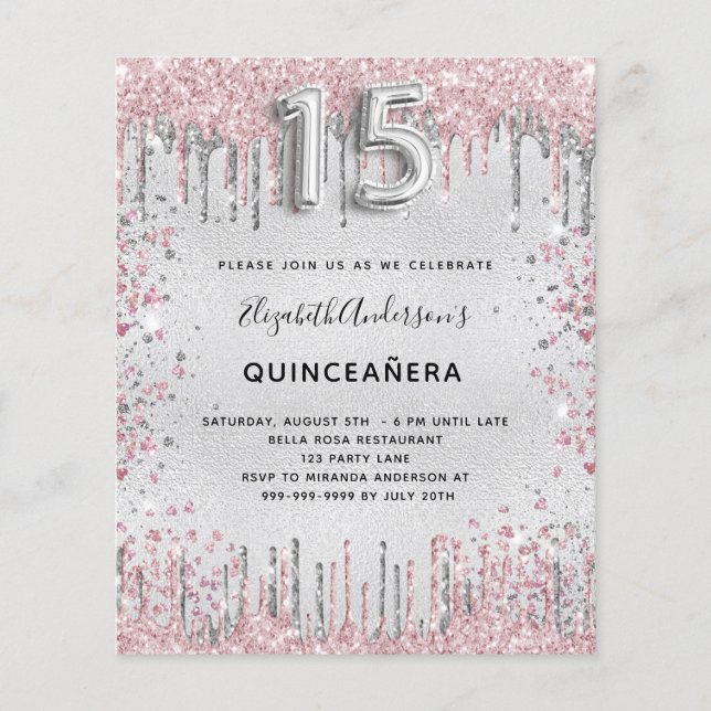 Quinceanera silver rosa glitter (Framsida)