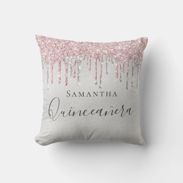 Quinceanera silver rosa glitter drop monogram namn kudde (Framsida)