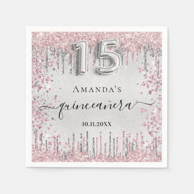 Quinceanera silver rosa glitter droppar namn pappersservett (Framsidan)