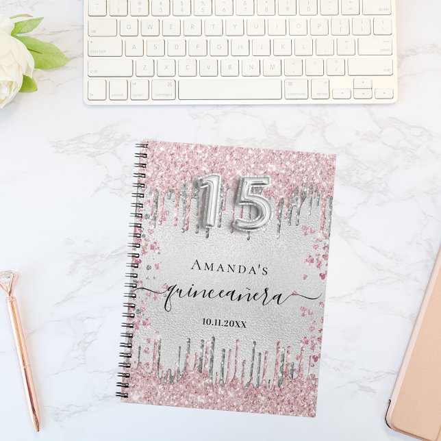 Quinceanera silver rosa glitter gäst bok anteckningsbok (Skapare uppladdad)