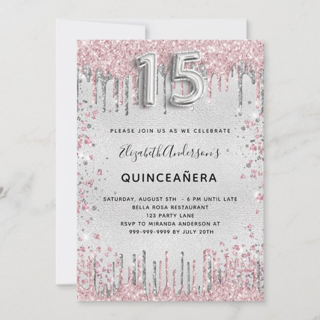 Quinceanera silver rosa glitter inbjudningar (Framsida)