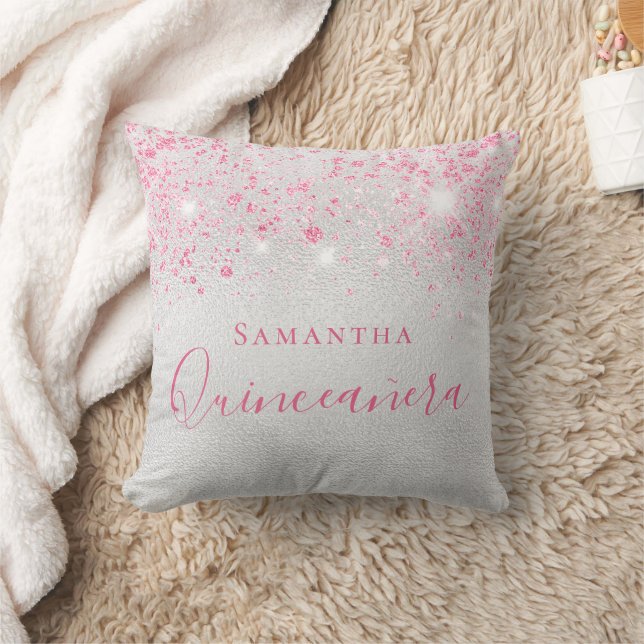 Quinceanera silver rosa glitter namn kudde (Filt)