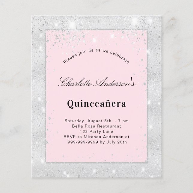 Quinceanera silver  rosa glitter stoftbudget flygblad (Framsidan)