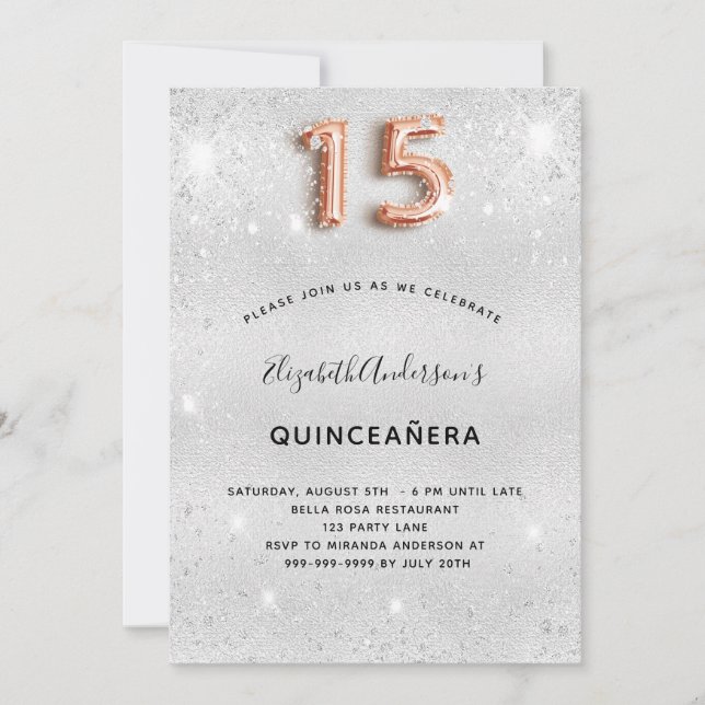 Quinceanera silver rosa guld glitter glamourös inbjudningar (Framsida)