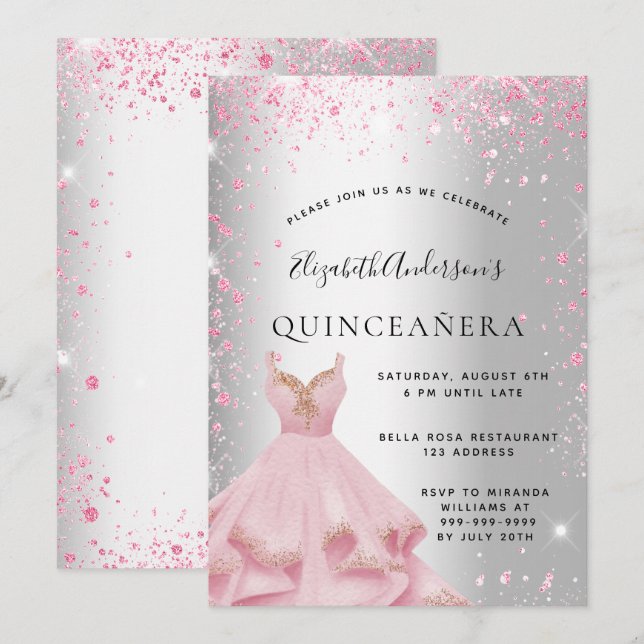 Quinceanera silver rosa klänning glitter stoft inbjudningar (Fram/baksida)