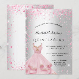 Quinceanera silver rosa klänning glitter stoft inbjudningar
