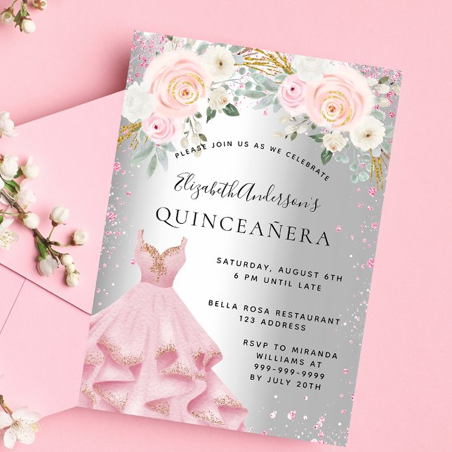 Quinceanera silver rosa-miniatyrbilder är lyxkläde inbjudningar (Skapare uppladdad)