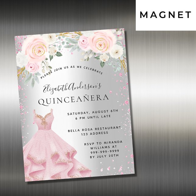 Quinceanera silver rosa-miniatyrbilder är lyxkläde magnetisk inbjudningskort (Skapare uppladdad)