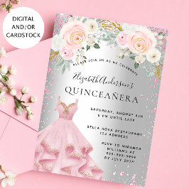Quinceanera silver rosa sparkles dress glamous inbjudningar