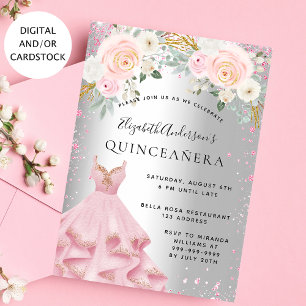 Quinceanera silver rosa sparkles dress glamous inbjudningar
