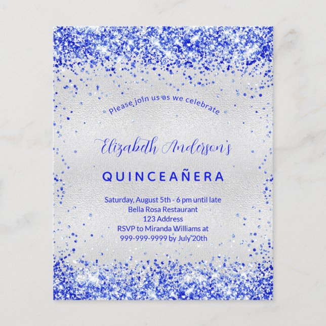 Quinceanera silver royal blått budgetinbjudan flygblad (Framsidan)