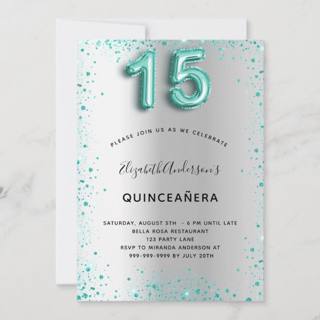 Quinceanera silver teal glitter glamous inbjudningar (Framsida)