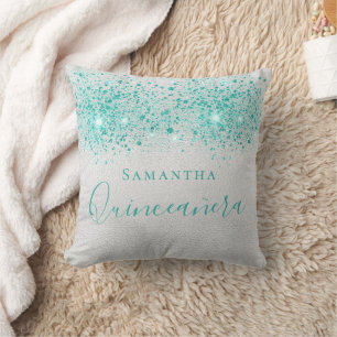 Quinceanera silver teal glitter namn kudde