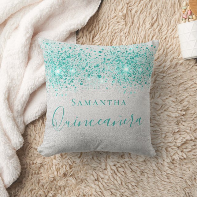 Quinceanera silver teal glitter namn kudde (Filt)