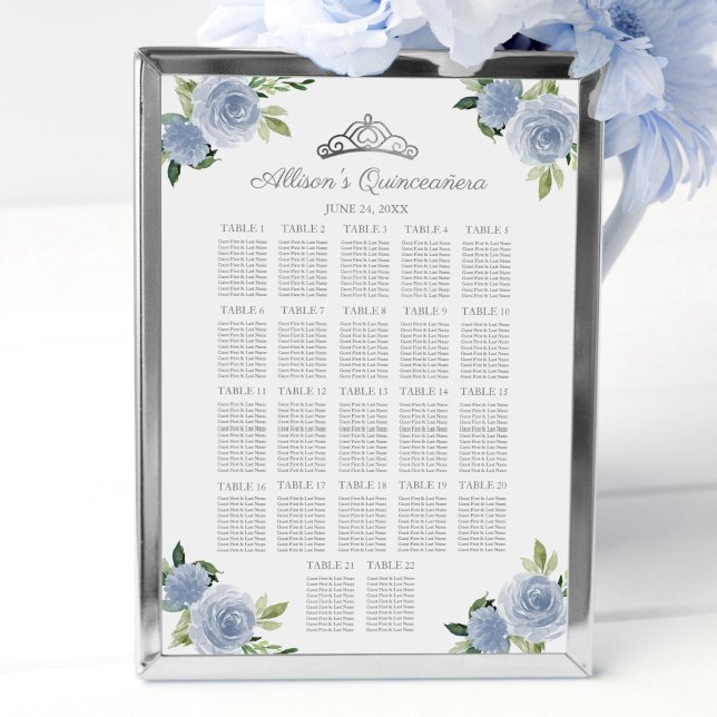 Quinceanera Silver Tiara Blue Blommigt Sittschema Poster (Skapare uppladdad)