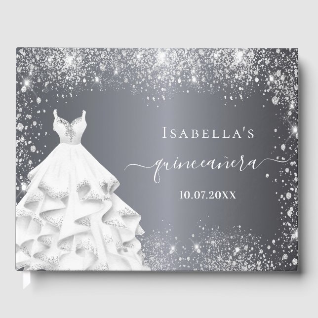 Quinceanera silver, vit klänning glitter gästböcker (Framsida)