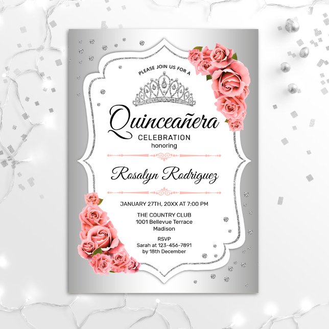 Quinceanera - Silver Vit Rosa Blush Inbjudningar (Skapare uppladdad)