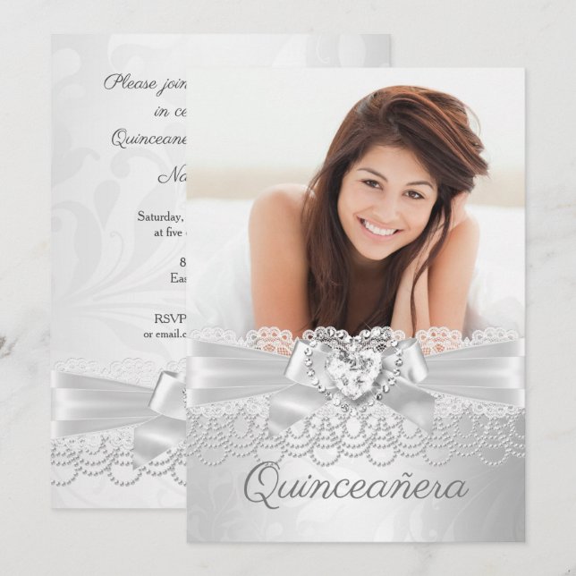 Quinceanera Silver vit siden spets diamant hjärta Inbjudningar (Fram/baksida)