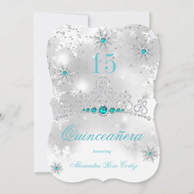 Quinceanera Silver Vit Teal Blå Pärla Snöflinga Inbjudningar (Framsida)