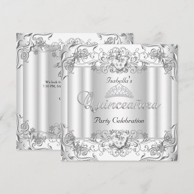 Quinceanera Silver Vitt Diamanttiara 15:e fest Inbjudningar (Fram/baksida)