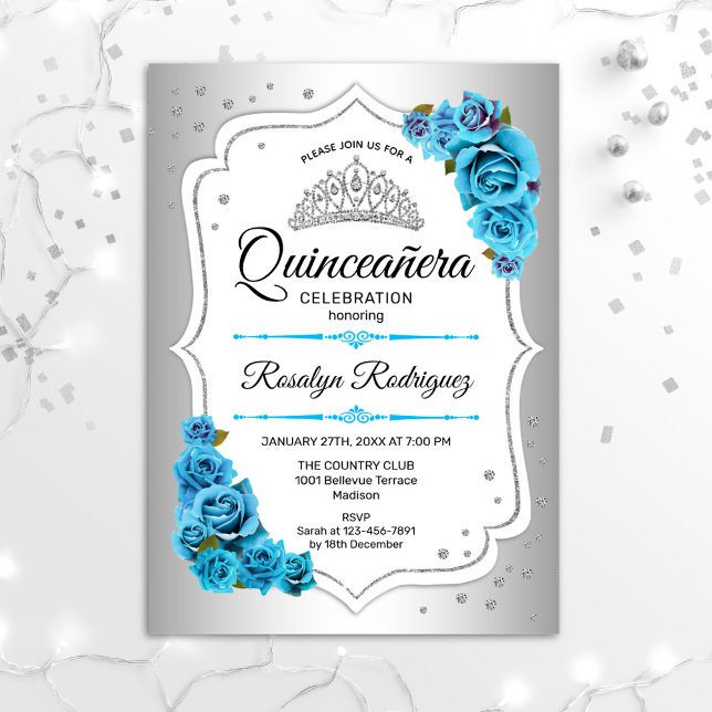 Quinceanera - Silver White Blue Inbjudningar (Skapare uppladdad)